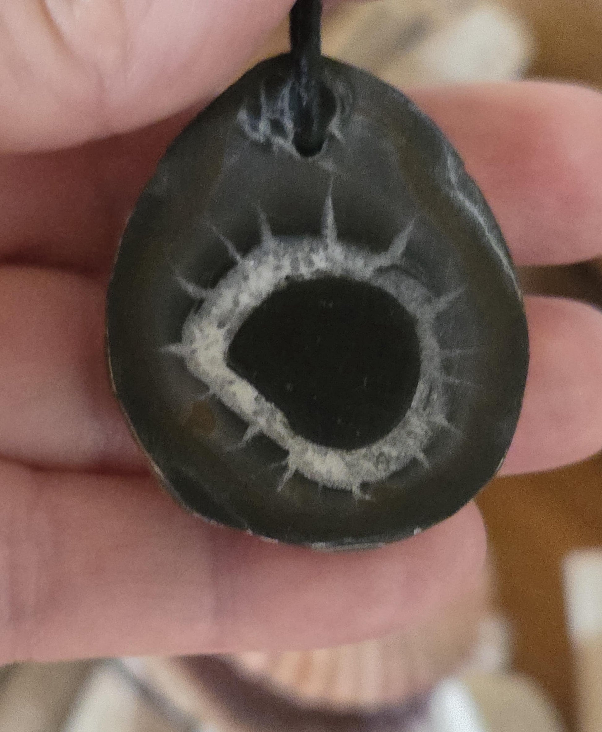 Seltener Septarie Stein, Drachen Stein, Drachenei, Fossil fossiler Schmuck Anhänger, 39 x 32 x 11 mm, gebohrt, an verstellbarem Lederband