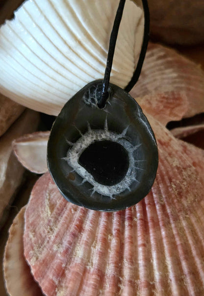 Seltener Septarie Stein, Drachen Stein, Drachenei, Fossil fossiler Schmuck Anhänger, 39 x 32 x 11 mm, gebohrt, an verstellbarem Lederband