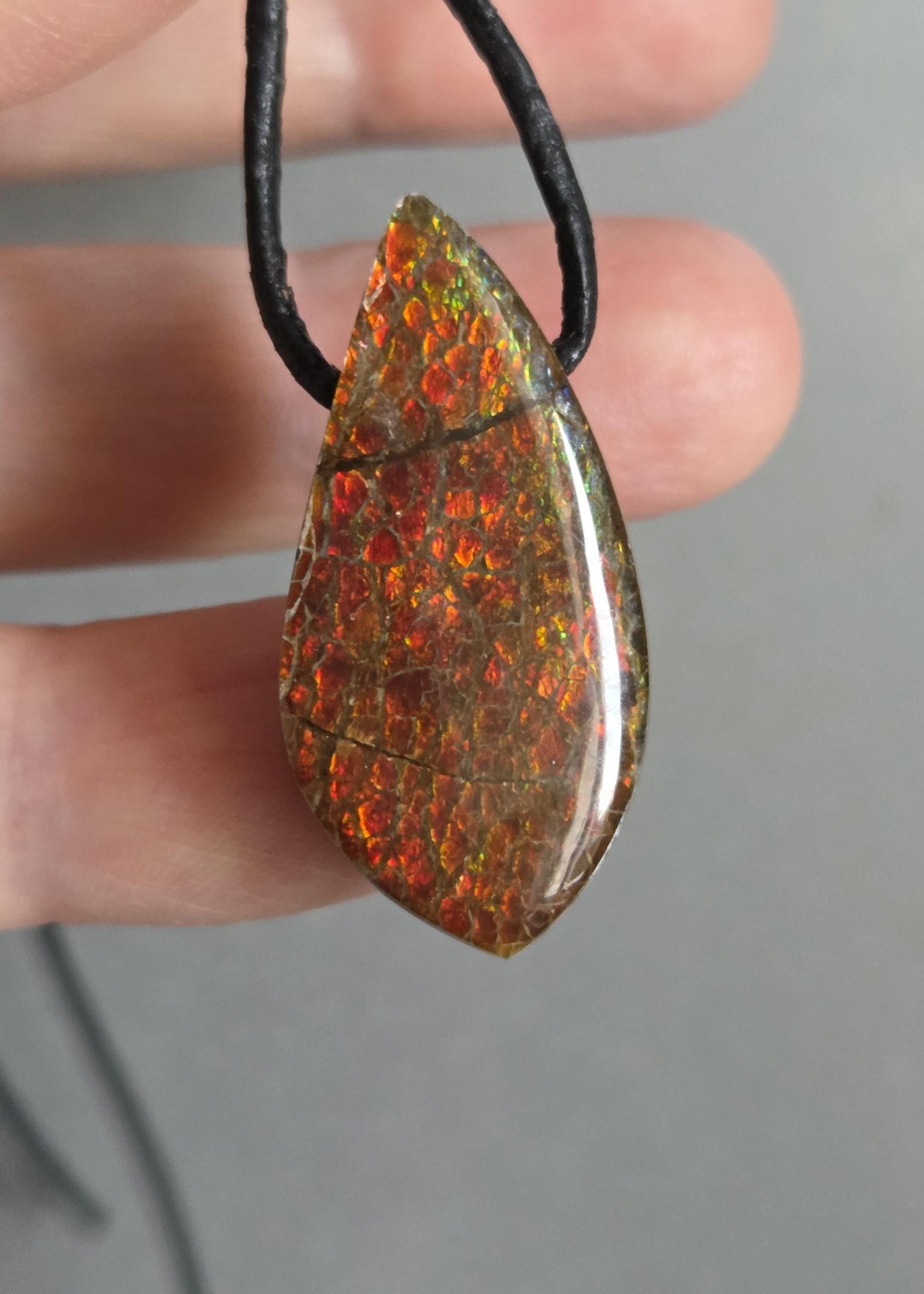 Traumhafter magischer Ammolith Opal Kirchenfenster Muster Anhänger, 33 x 17 x 7 mm, gebohrt, an verstellbarem Lederband, Ammolit