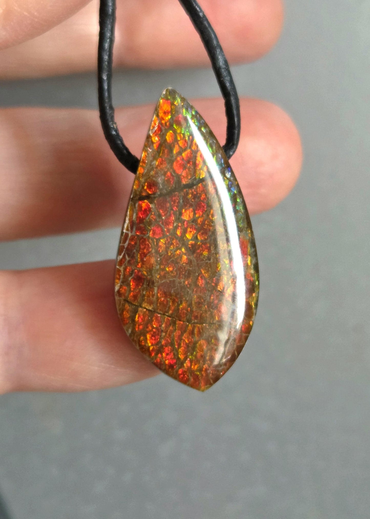 Traumhafter magischer Ammolith Opal Kirchenfenster Muster Anhänger, 33 x 17 x 7 mm, gebohrt, an verstellbarem Lederband, Ammolit