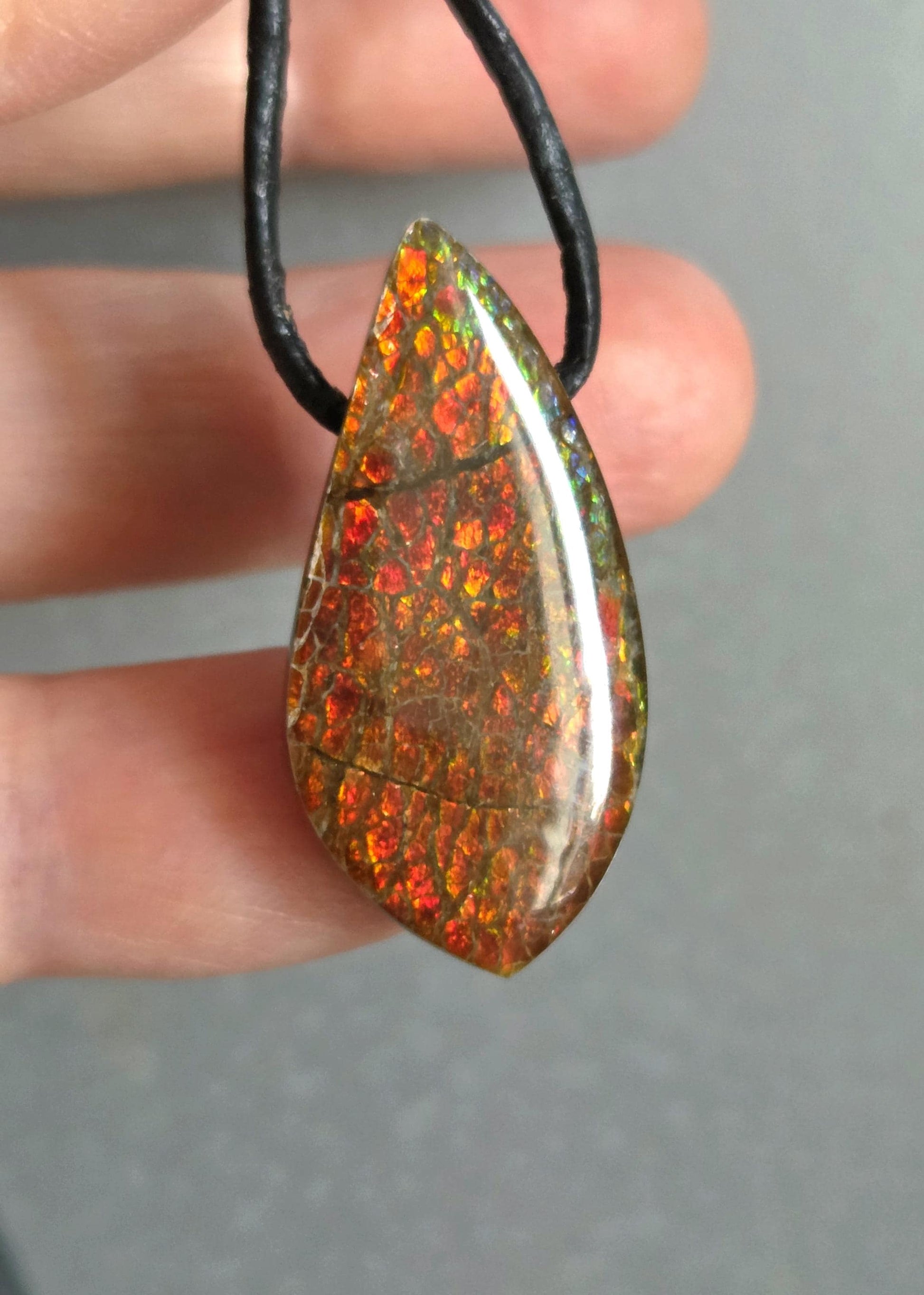 Traumhafter magischer Ammolith Opal Kirchenfenster Muster Anhänger, 33 x 17 x 7 mm, gebohrt, an verstellbarem Lederband, Ammolit