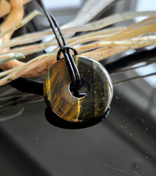 Tigerauge mit Falkenauge Donut Anhänger, 30 x 5 mm, gebohrt, an verstellbarem Lederband