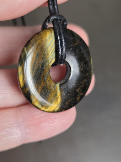Tigerauge mit Falkenauge Donut Anhänger, 30 x 5 mm, gebohrt, an verstellbarem Lederband