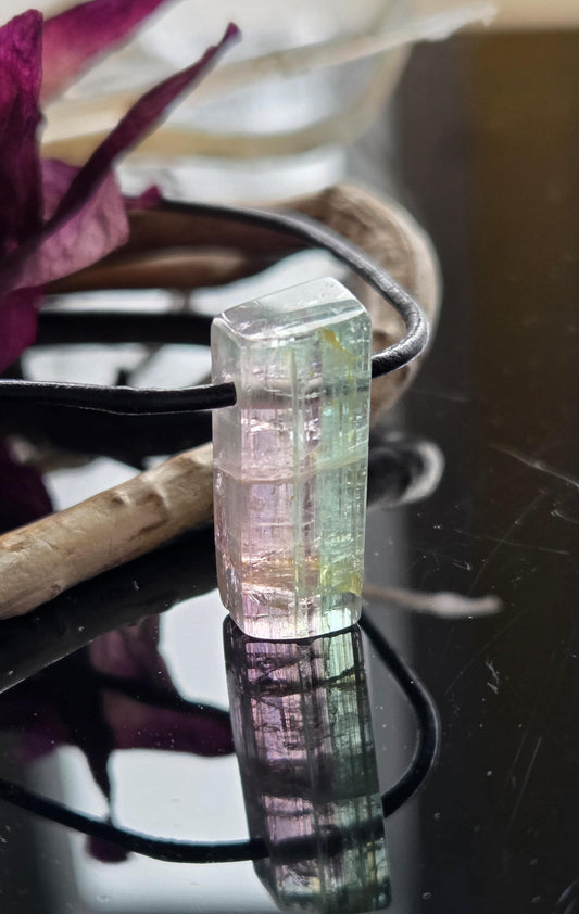 Turmalin bicolor grünblau rosa, Indigolith Rubellit Kristall Anhänger, 20 x 10 x 9 mm, gebohrt, am Lederband, 4,48 g., 22,40 ct.