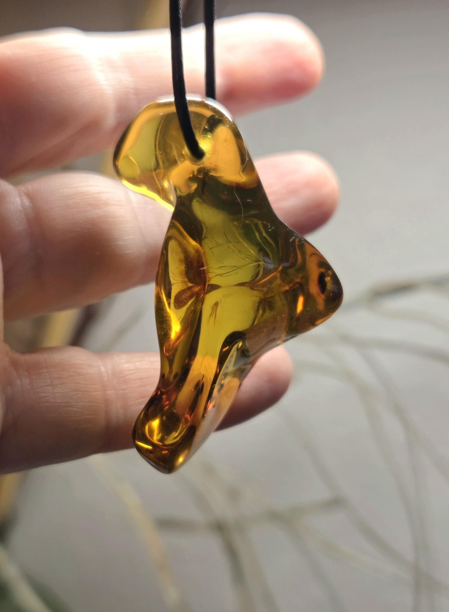 Großer feiner baltischer Bernstein Anhänger, mit Einschlüssen von Blüten Bernstein Amulett, 52 x 24 x 23 mm, an verstellbarem Lederband