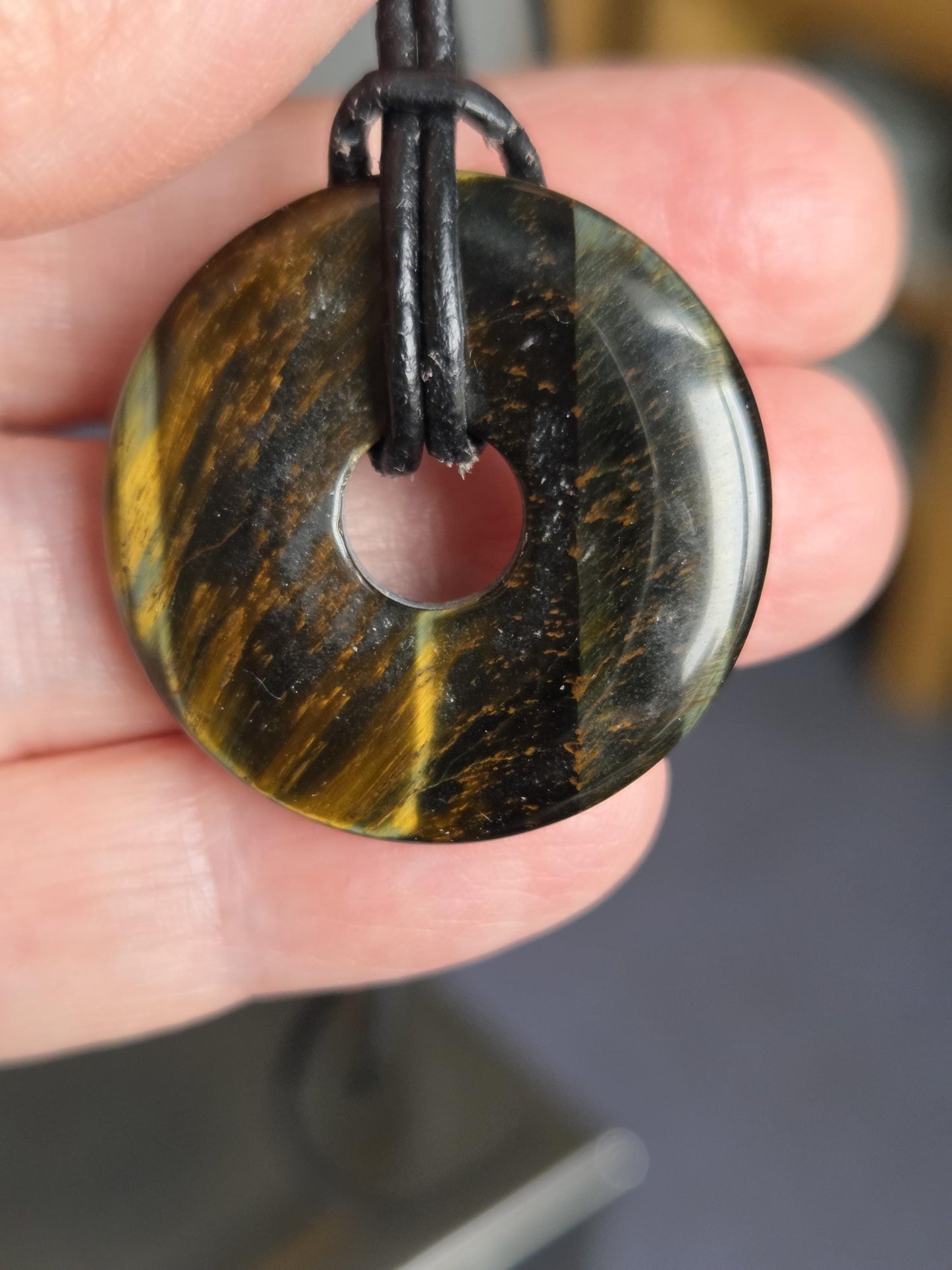 Tigerauge mit Falkenauge Donut Anhänger, 30 x 5 mm, gebohrt, an verstellbarem Lederband