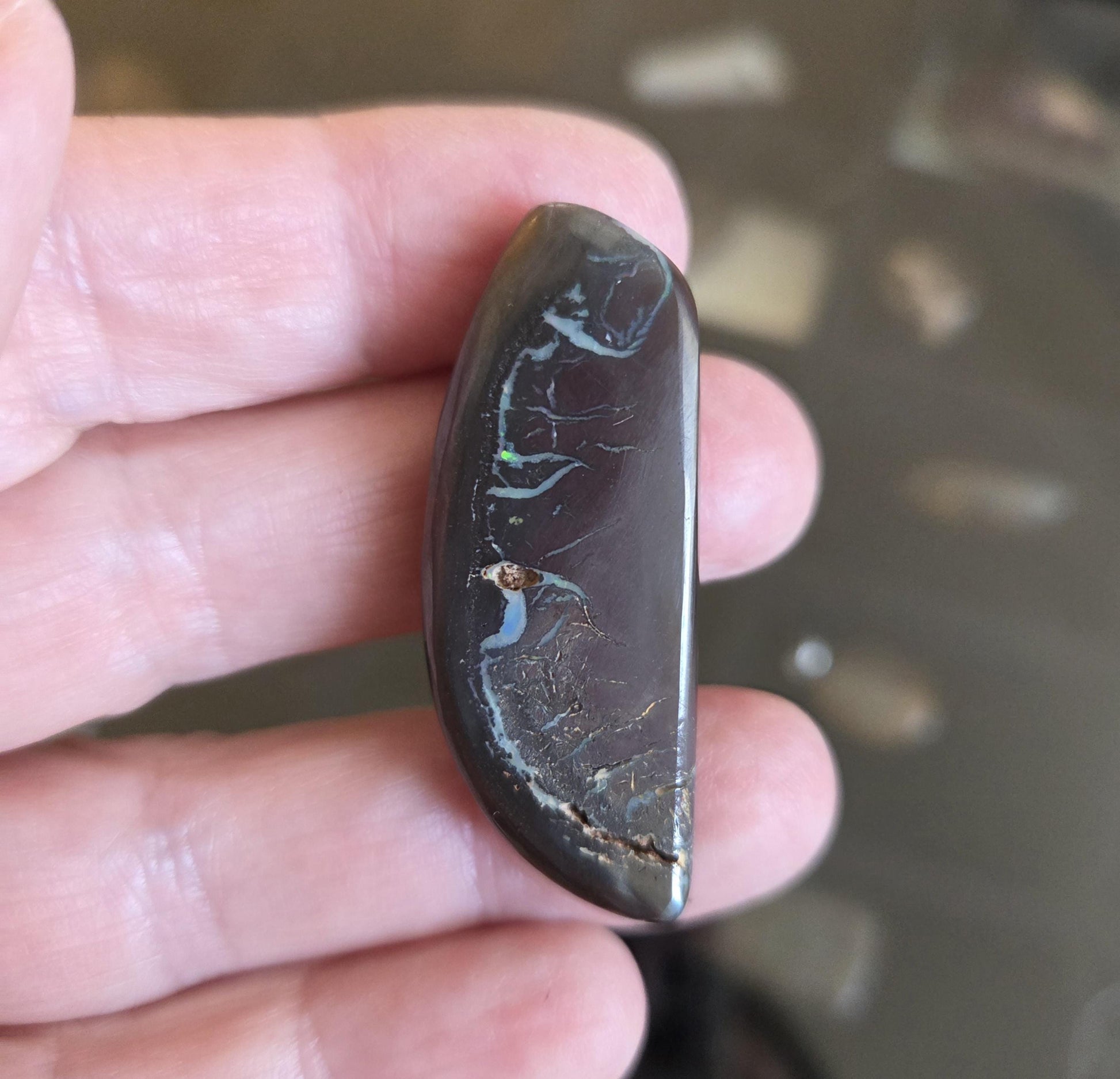 Boulder Opal, Boulderopal Anhänger, "Weiße Delfine", 42 x 17 x 8 mm, gebohrt, an verstellbarem Lederband, Yowah Nuss Opal