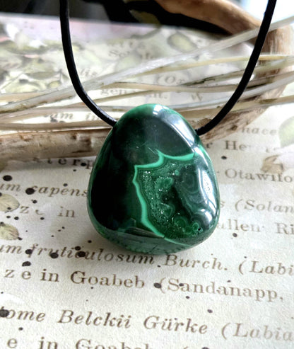 Malachit Anhänger, gebohrt, am Lederband, 30 x 25 x 10 mm, gebohrt, an verstellbarem Lederband