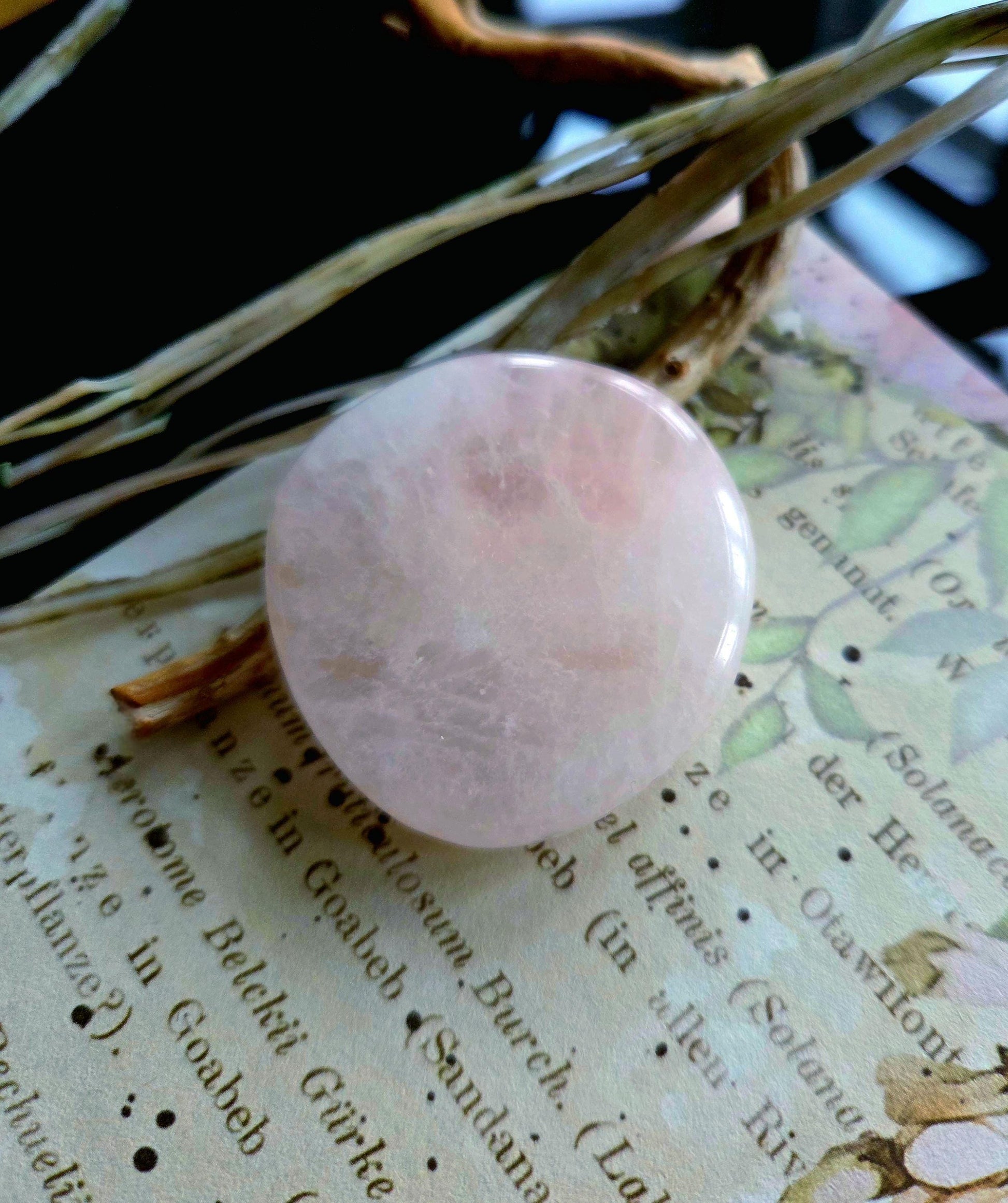 Rosenquarz Scheibe rund Massagestein Heilstein Sammlerstein Handschmeichler, etisch hochwertig, 45 x 45 x 11 mm, 37,19 g., 185,95 ct.