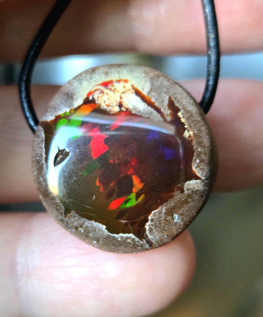 Magischer Schokoladen Opal, rot gelb grün flashfire, Yira Gebirge Mezezo, Anhänger, 23 x 23 x 11 mm, gebohrt, an verstellbarem Lederband