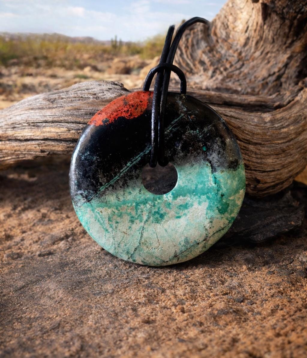 Seltener, schöner Sonora Sunrise, Cuprit mit Chrysokoll, Donut Anhänger groß, 40 x 7 mm