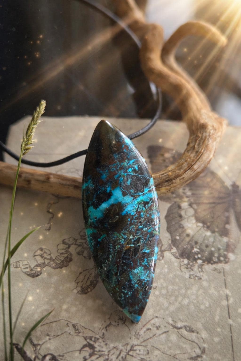 Chrysokoll Navetteförmig Anhänger, 53 x 20 x 8 mm, gebohrt, an verstellbarem Lederband