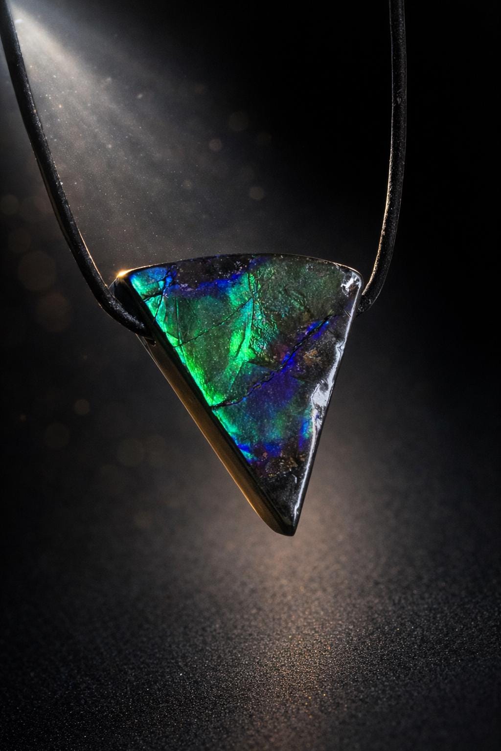 Magischer Ammolit Opal Anhänger blau grün lila, aus Kanada, 29 x 26 x 7 mm, gebohrt, an verstellbarem Lederband