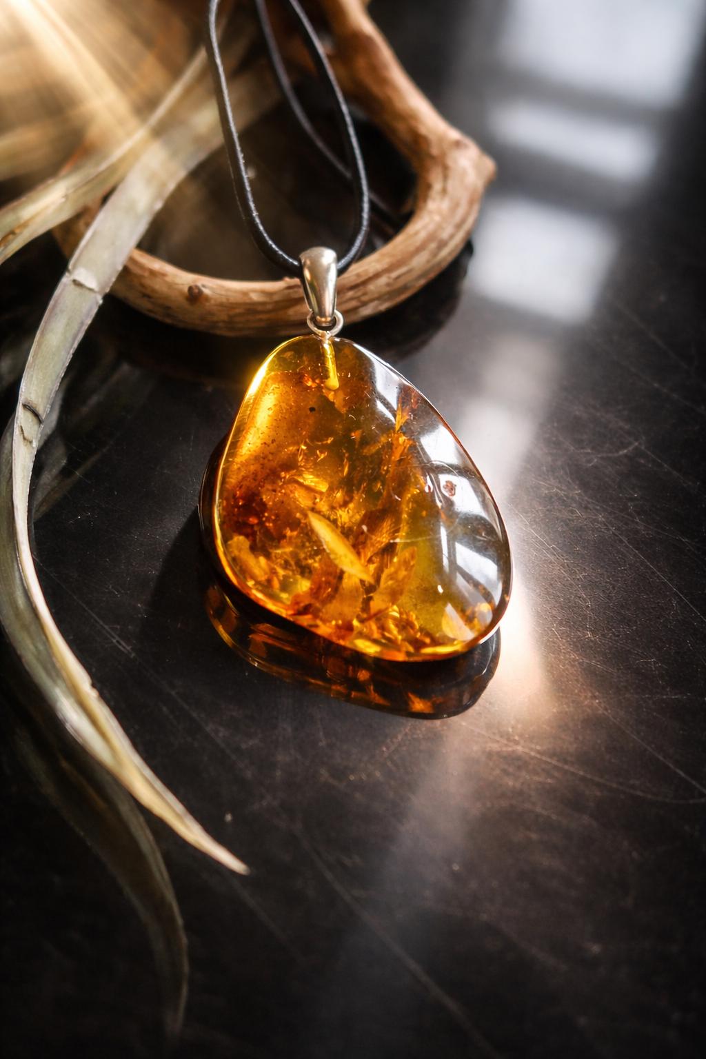 Baltischer Bernstein Anhänger, mit Einschlüssen von Blüten Bernstein Amulett, 43 x 30 x 10 mm, 925er Silberöse, an verstellbarem Lederband