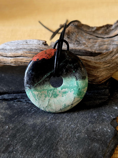 Seltener, schöner Sonora Sunrise, Cuprit mit Chrysokoll, Donut Anhänger groß, 40 x 7 mm