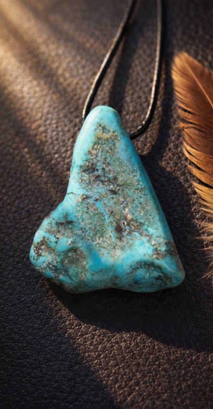 Großer Türkis Anhänger, 37 x 30 x 11 mm, gebohrt, an verstellbarem Lederband