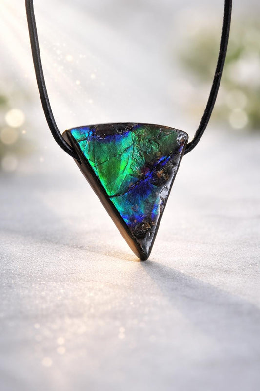 Magischer Ammolit Opal Anhänger blau grün lila, aus Kanada, 29 x 26 x 7 mm, gebohrt, an verstellbarem Lederband