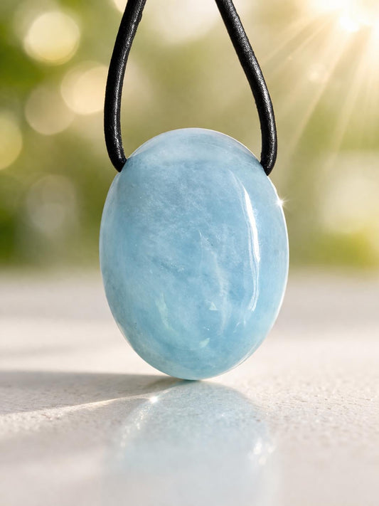 Kleiner Aquamarin Cabochon Anhänger, 24 x 19 x 15 mm, gebohrt, an verstellbarem Lederband