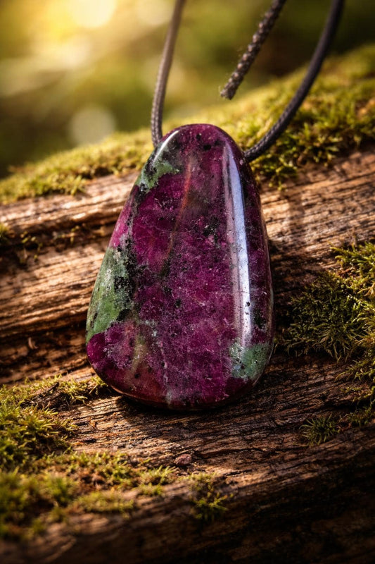 Magischer Rubin in Zoisit, Anhänger, 39 x 26 x 10 mm, gebohrt, an verstellbarem Lederband