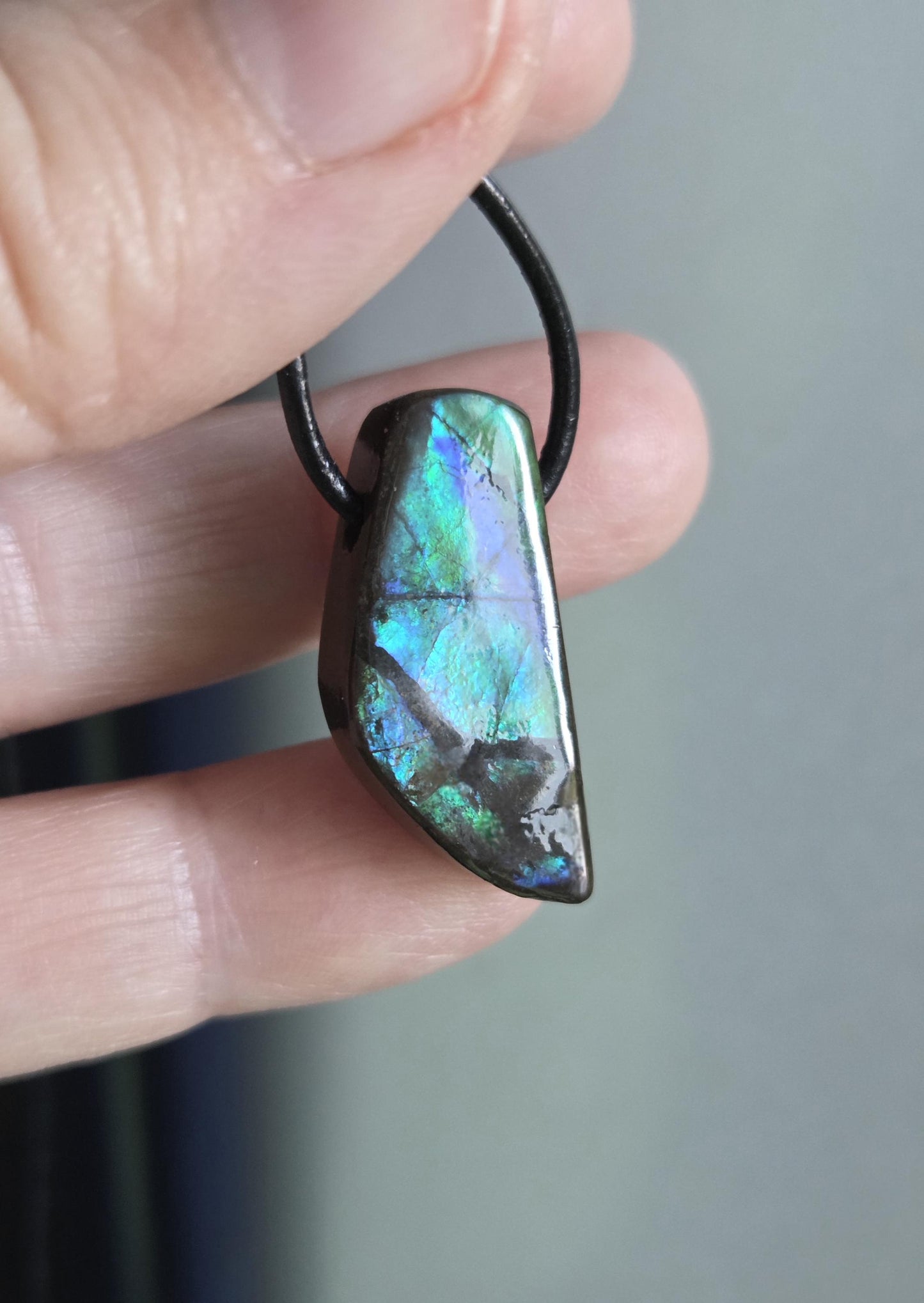 Kleiner feiner Ammolit Opal Anhänger blau grün , aus Kanada, 28 x 12 x 8 mm, gebohrt, an verstellbarem Lederband