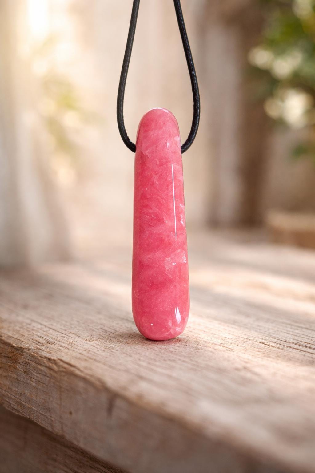 Hübscher Rhodochrosit Stäbchen Anhänger, 43 x 11 x 8 mm, gebohrt, an verstellbarem Lederband