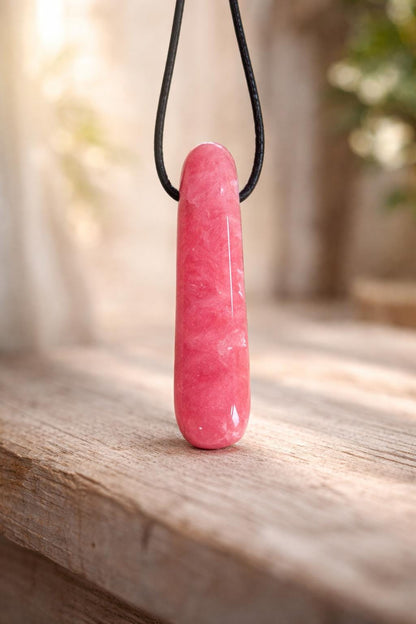 Hübscher Rhodochrosit Stäbchen Anhänger, 43 x 11 x 8 mm, gebohrt, an verstellbarem Lederband