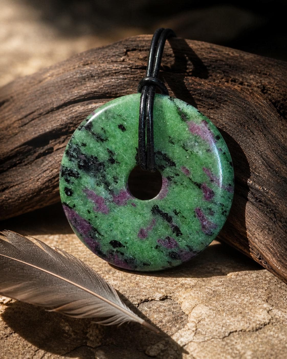 Rubin in Zoisit Anyolith Donut Anhänger, 40 x 7 mm, an verstellbarem Lederband