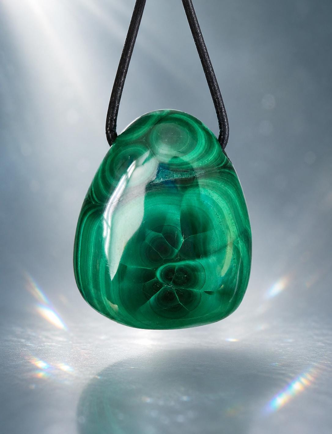 Malachit Anhänger, gebohrt, am Lederband, 31 x 26 x 11 mm, gebohrt, an verstellbarem Lederband
