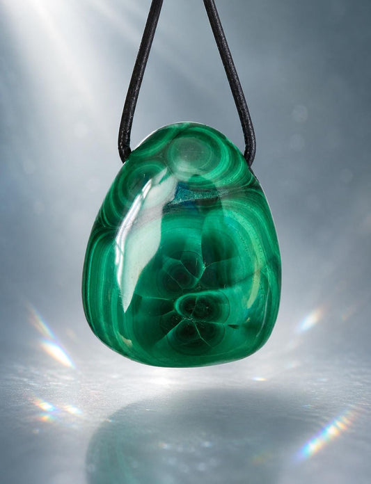 Malachit Anhänger, gebohrt, am Lederband, 31 x 26 x 11 mm, gebohrt, an verstellbarem Lederband