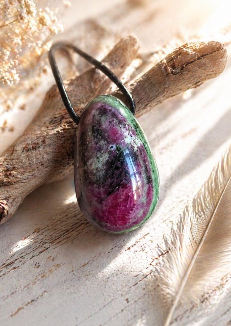 Hübscher Rubin in Zoisit, Anhänger, 33 x 23 x 17 mm, gebohrt, an verstellbarem Lederband