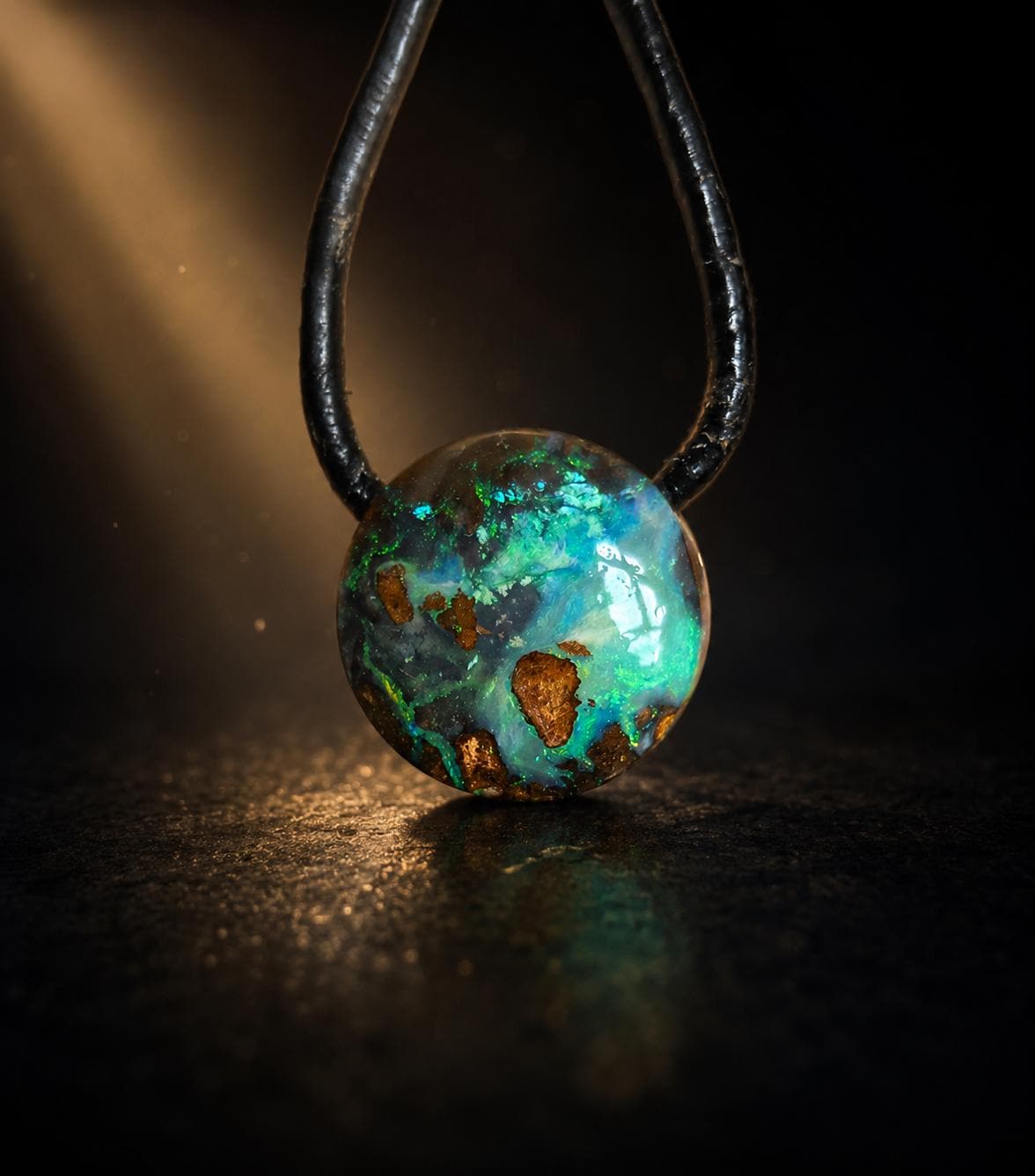 Kleiner flashfire grüner Boulder Opal, Boulderopal Anhänger, Winton Queensland Australien, an verstellbarem Lederband