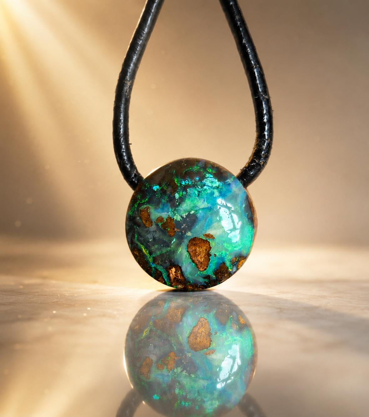 Kleiner flashfire grüner Boulder Opal, Boulderopal Anhänger, Winton Queensland Australien, an verstellbarem Lederband