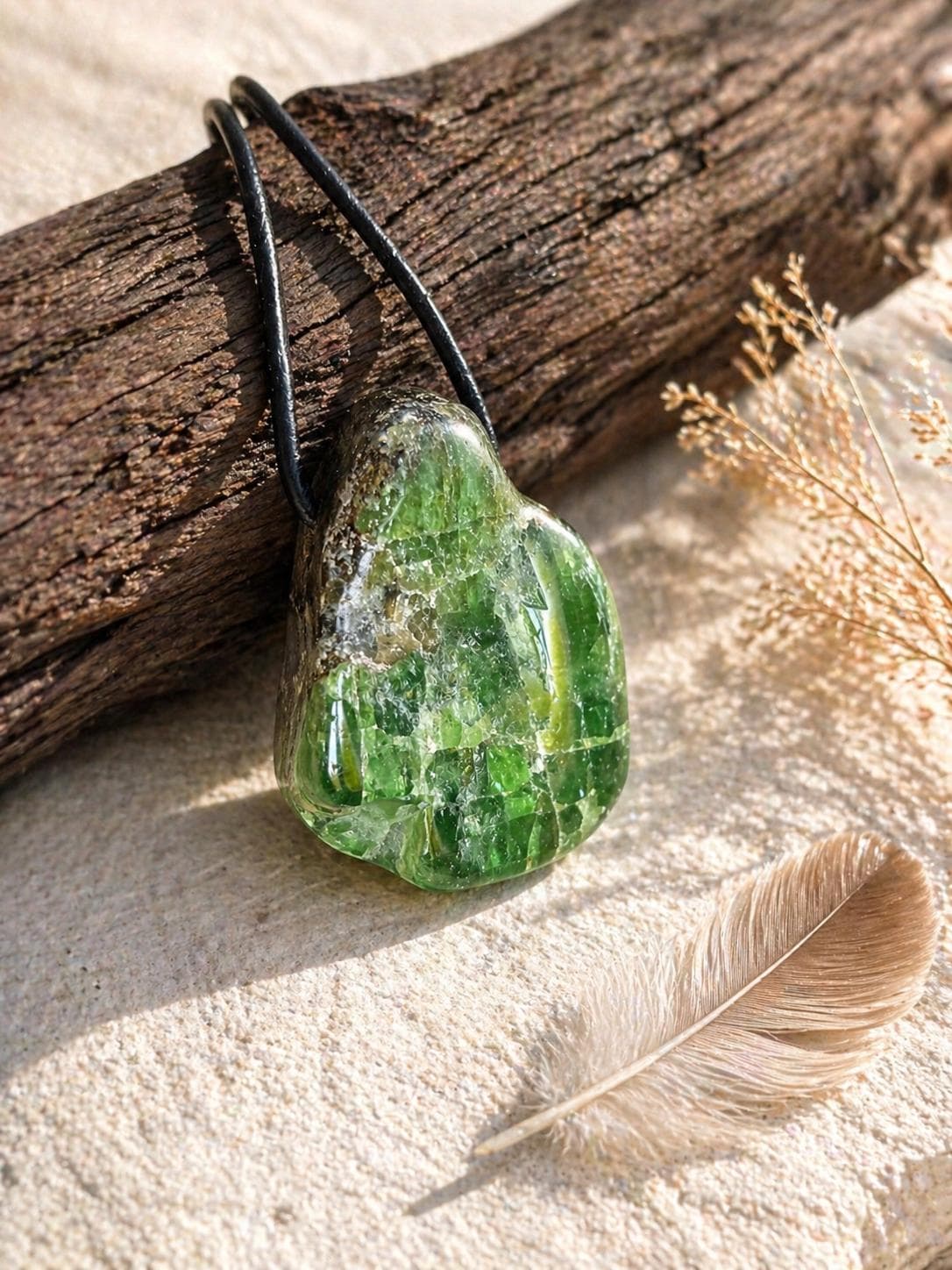 Großer wilder Chromdiopsid Anhänger, 30 x 24 x 18 mm, an verstellbarem Lederband