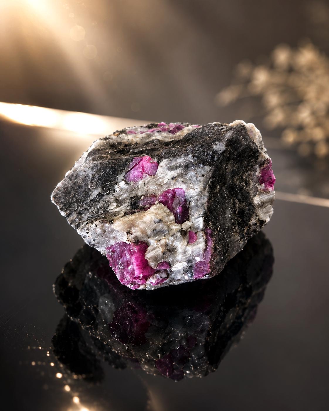 Rubin Cluster in Syenit Granit Biotit Matrix mit Fluoreszenz, Rohstein Sammlerstein