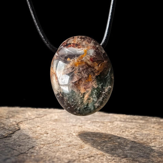 Lodolith Schamanenstein Bergkristall Inclusen Quarz, 28 x 23 x 14 mm, gebohrt, an verstellbarem Lederband
