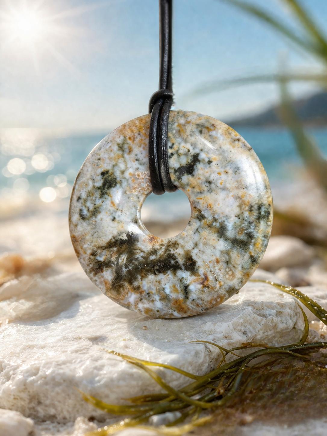 Ozean Jaspis, Ocean Jasper, Ozeanjaspis Donut Anhänger, 40 x 6 mm, gebohrt, an verstellbarem Lederband