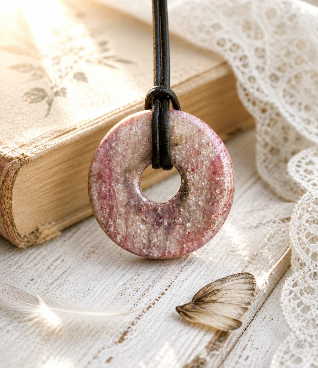 Piemont Quarz mit Stilbit Anteilen Donut Anhänger, 30 x 6 mm, an verstellbarem Lederband