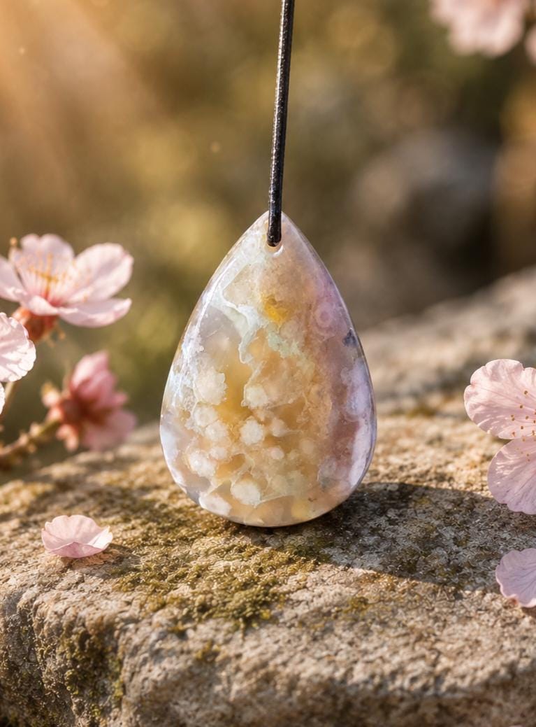 Großer Kirschblüten Achat Sakura Blumenachat Anhänger tropfenförmig, 45 x 31 x 8 mm, an verstellbarem Lederband, Sakura