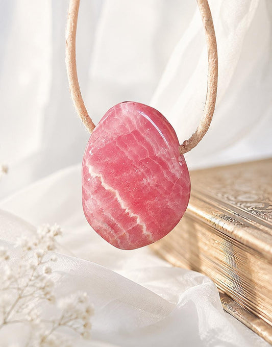 Rhodochrosit Anhänger, 26 x 18 x 8 mm, an verstellbarem Lederband, Boho , Rosa Naturstein Kette , Heilstein, Herzöffnung & Selbstliebe