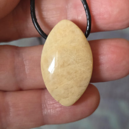 Echter Mondstein, cremefarben perlmutt Anhänger Navette förmig, 31 x 19 x 7 mm, gebohrt, an verstellbarem Lederband