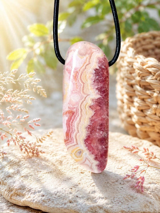Wunderschöner Rhodochrosit Anhänger mit einzigartiger Bänderung, 49 x 18 x 8 mm, an Lederband, high quality polish, heart chakra, self love