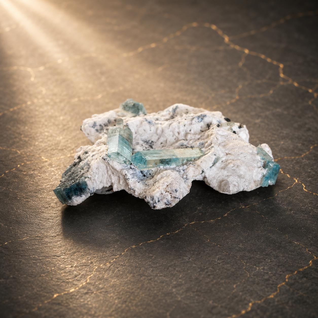 Aquamarin Stufe auf Orthoklas, mit Mini schwarzem Turmalin, Stufe, Erongo Namibia, 55 x 63 x 25 mm, 29,80 g.,149 ct.