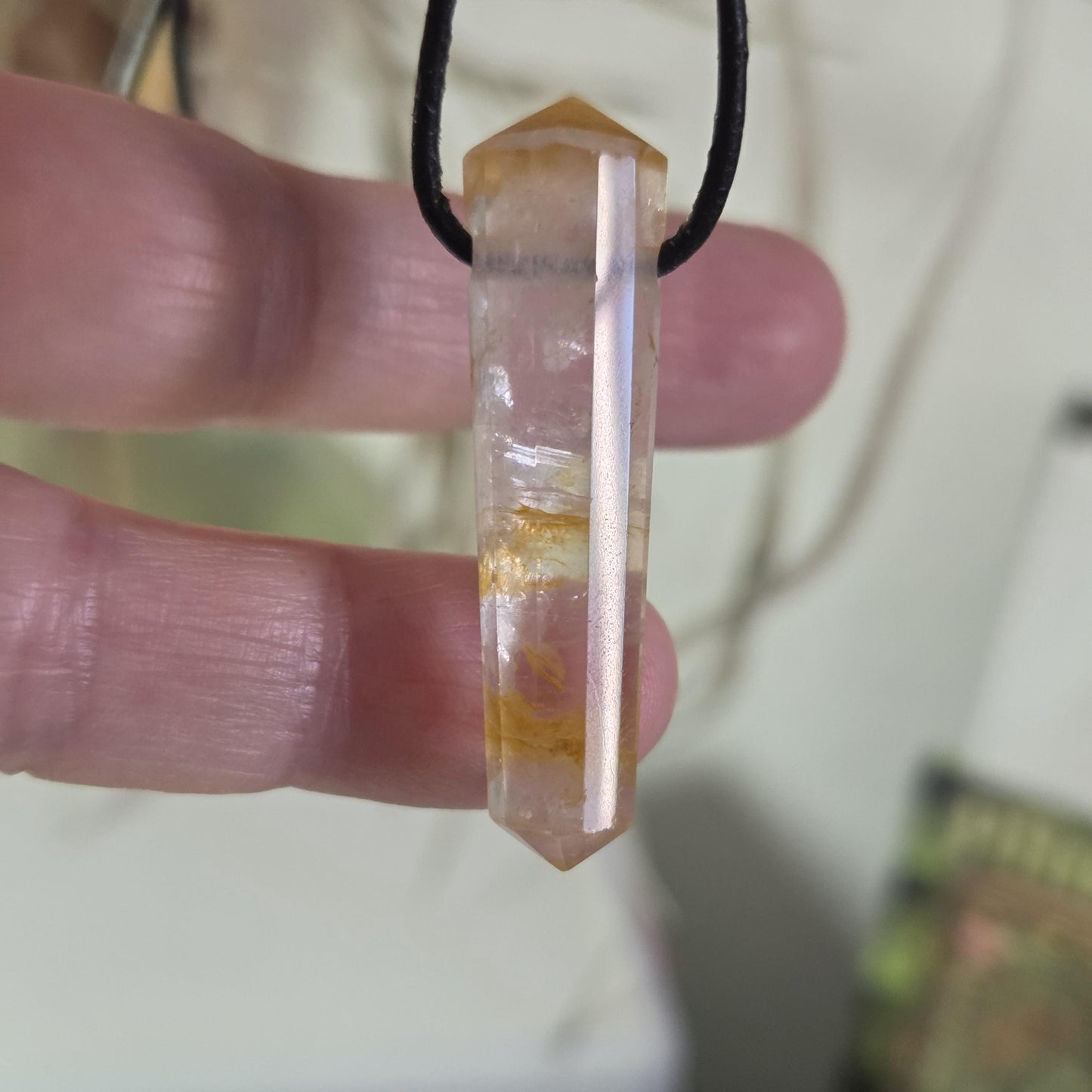 Golden Healer Citrin mit Bergkristall Doppelender, Citrin Kristall Spitze, Anhänger, 42 x 11 x 11 mm, gebohrt, an verstellbarem Lederband