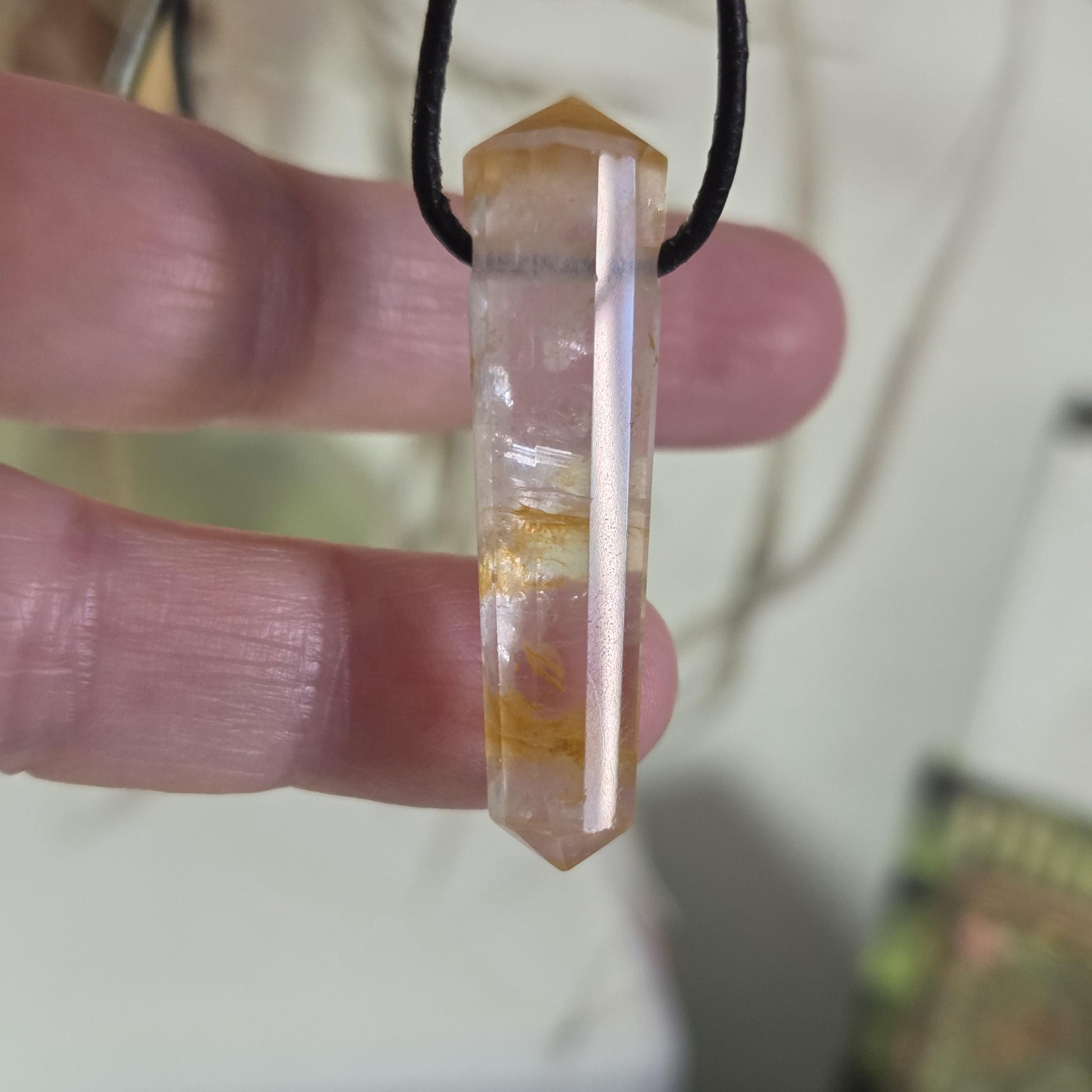 Golden Healer Citrin mit Bergkristall Doppelender, Citrin Kristall Spitze, Anhänger, 42 x 11 x 11 mm, gebohrt, an verstellbarem Lederband
