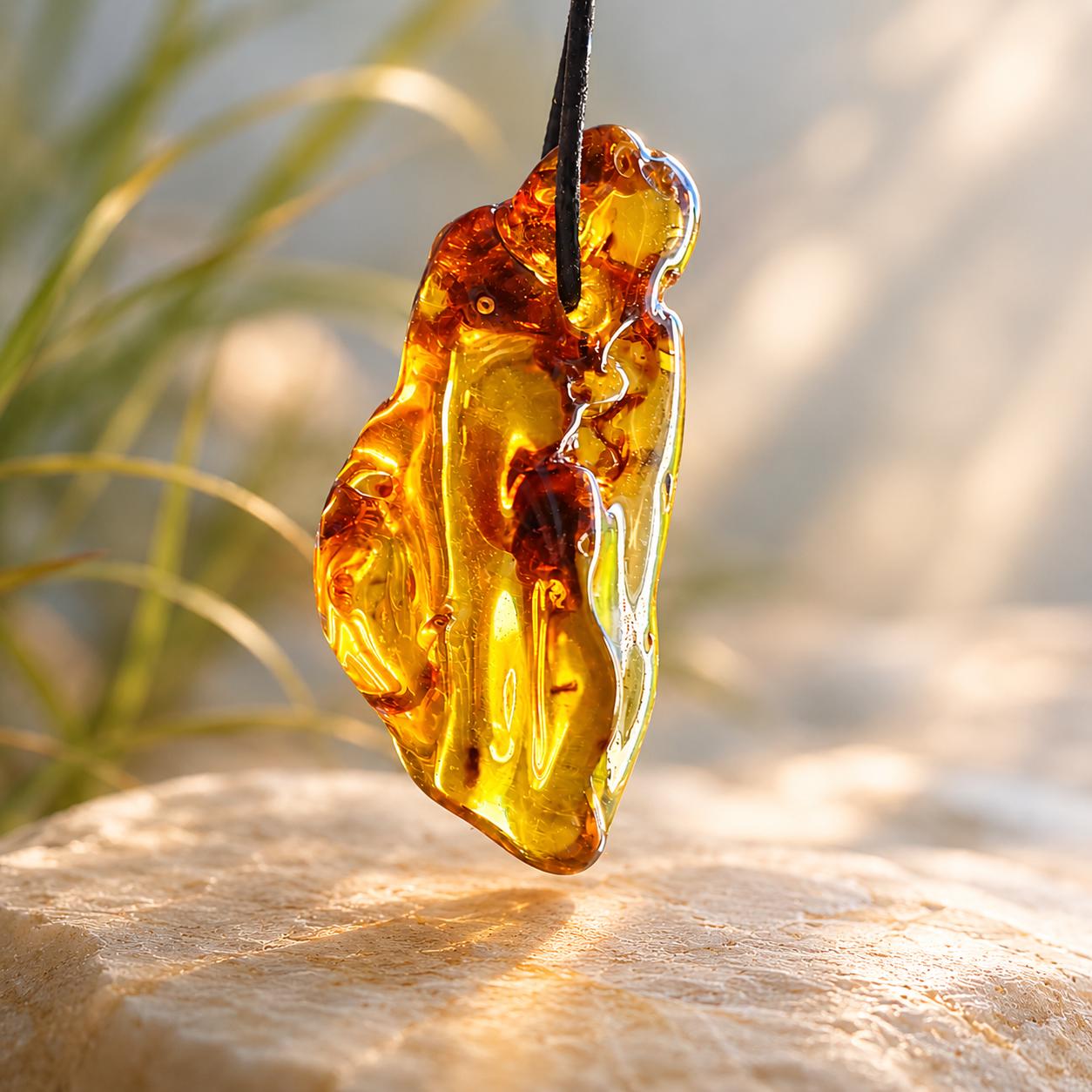 Großer baltischer Bernstein Anhänger, Amulett, Amber pendant, 53 x 21 x 20 mm, an verstellbarem Lederband