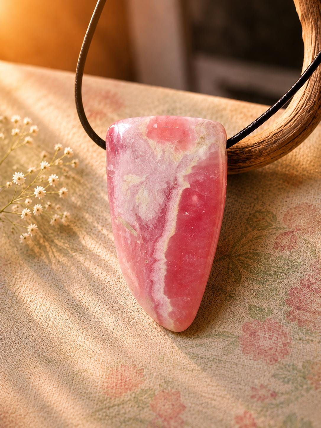 Hübscher Rhodochrosit Stäbchen Anhänger, 34 x 21 x 8 mm, gebohrt, an verstellbarem Lederband