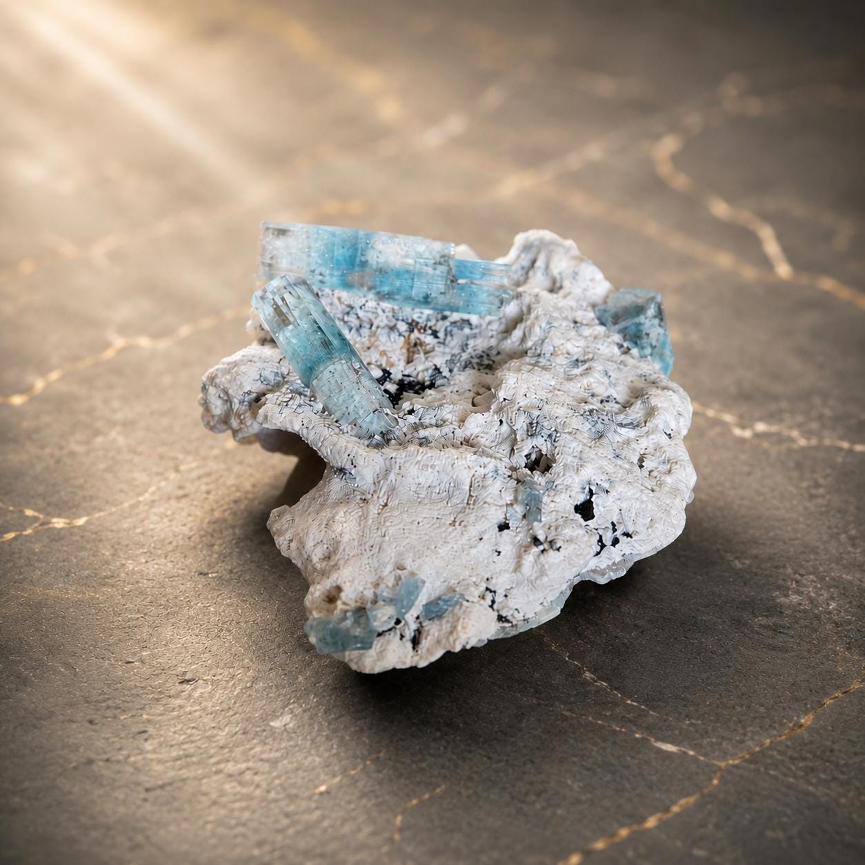 Aquamarin Stufe auf Orthoklas, mit Mini schwarzem Turmalin, Stufe, Erongo Namibia, 55 x 63 x 25 mm, 29,80 g.,149 ct.