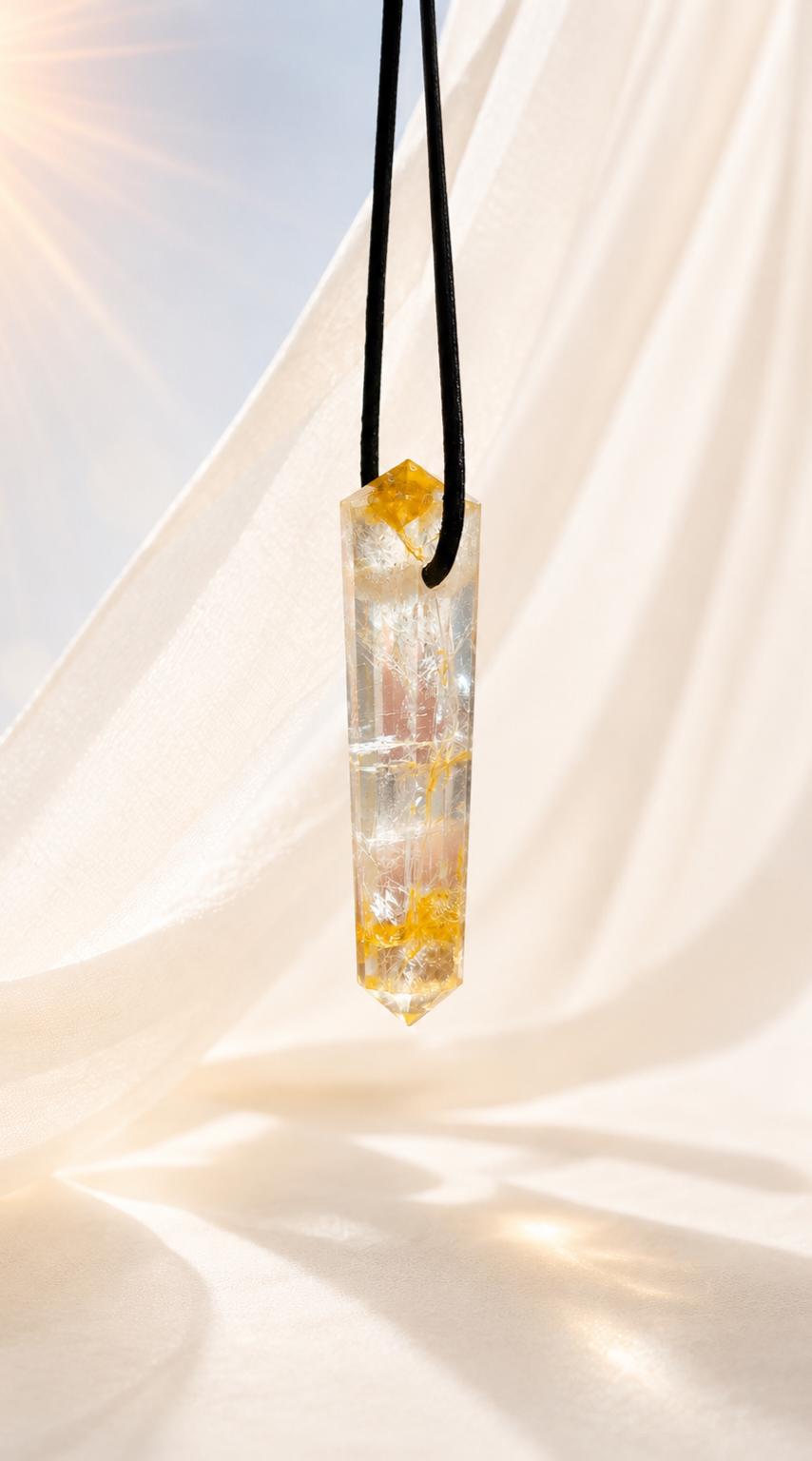 Golden Healer Citrin mit Bergkristall Doppelender, Citrin Kristall Spitze, Anhänger, 42 x 11 x 11 mm, gebohrt, an verstellbarem Lederband
