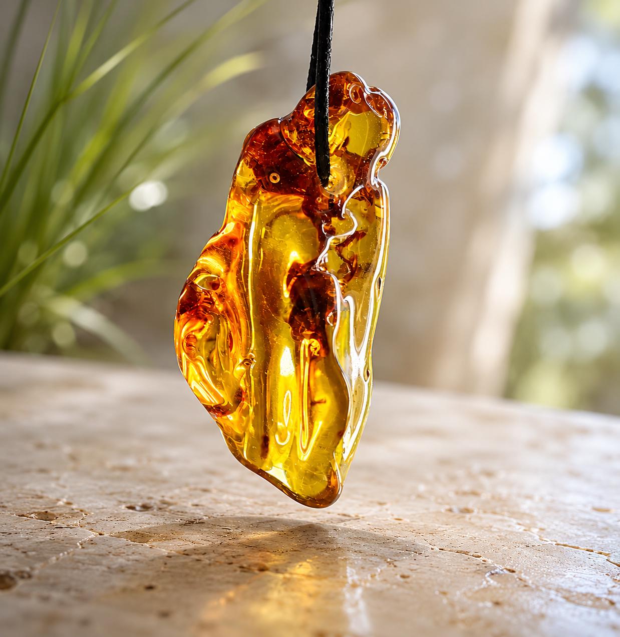 Großer baltischer Bernstein Anhänger, Amulett, Amber pendant, 53 x 21 x 20 mm, an verstellbarem Lederband