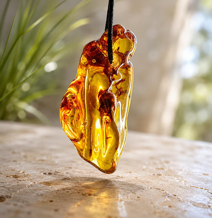 Großer baltischer Bernstein Anhänger, Amulett, Amber pendant, 53 x 21 x 20 mm, an verstellbarem Lederband